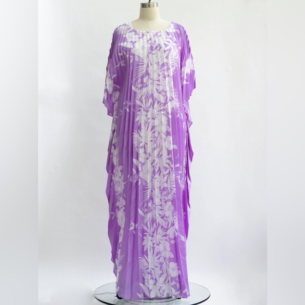 70S Vintage Resort Line Hawaii pleated tropical floral maxi batwing cover-up OS - Picture 5 of 5
